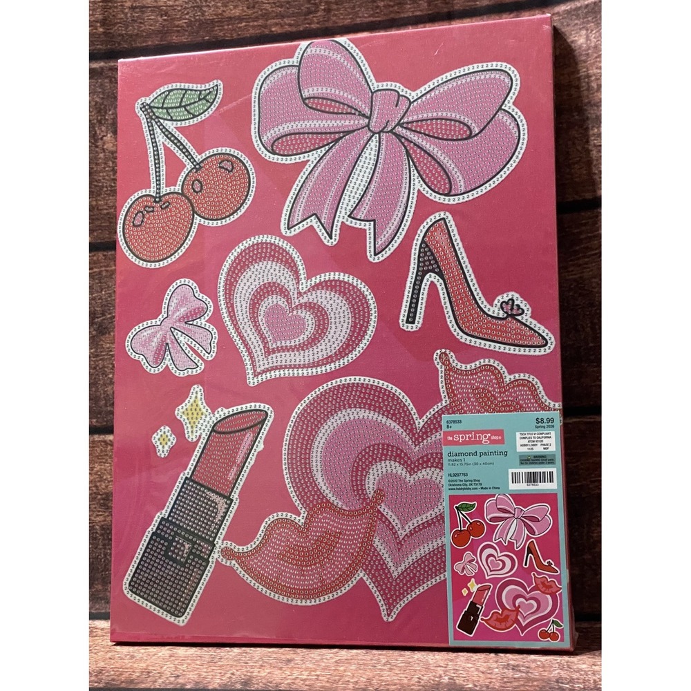 Pink Glamour Hearts/Bows/Cherry/Lips Canvas Diamond Painting Kit Hobby Lobby New